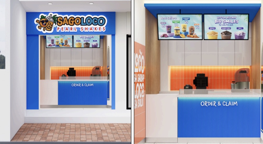 Grab and Go Drink Bar kiosk counter, blue and white with backlit orange tile